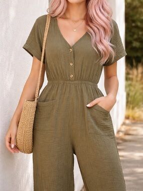 IVY Olive Green V-Neck Button Front Jumpsuit